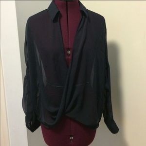 Navy Blue Sheer Blouse Criss Cross Top Medium